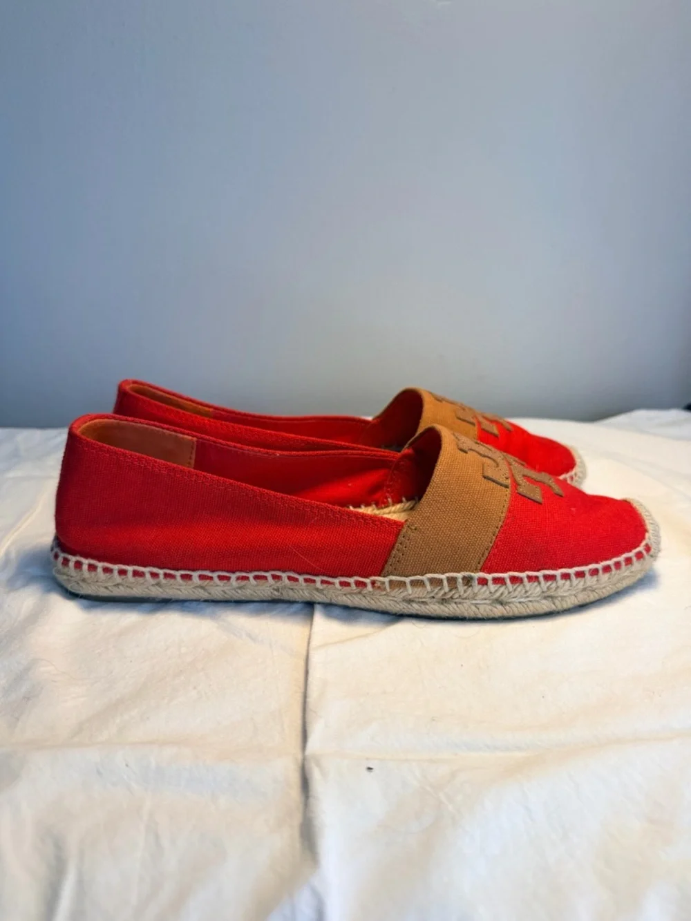 Tory Burch Red Canvas Espadrilles with Tan Trim and Logo